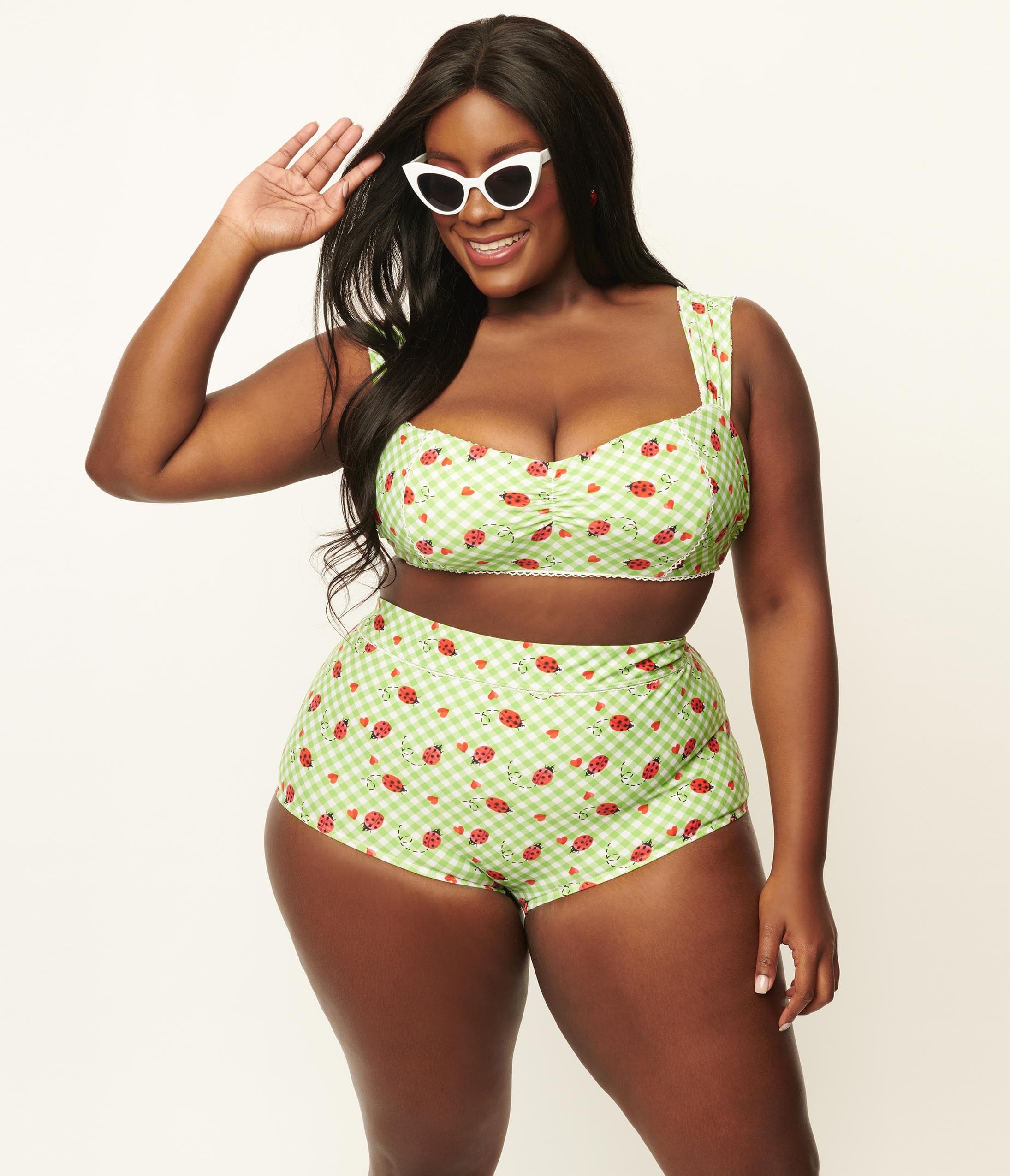 

Unique Vintage Plus Size Green Gingham & Ladybug Print Ruched & Ready Swim Top