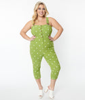 Plus Size Vintage Pocketed Button Front Fitted Polka Dots Print Sweetheart Jumpsuit