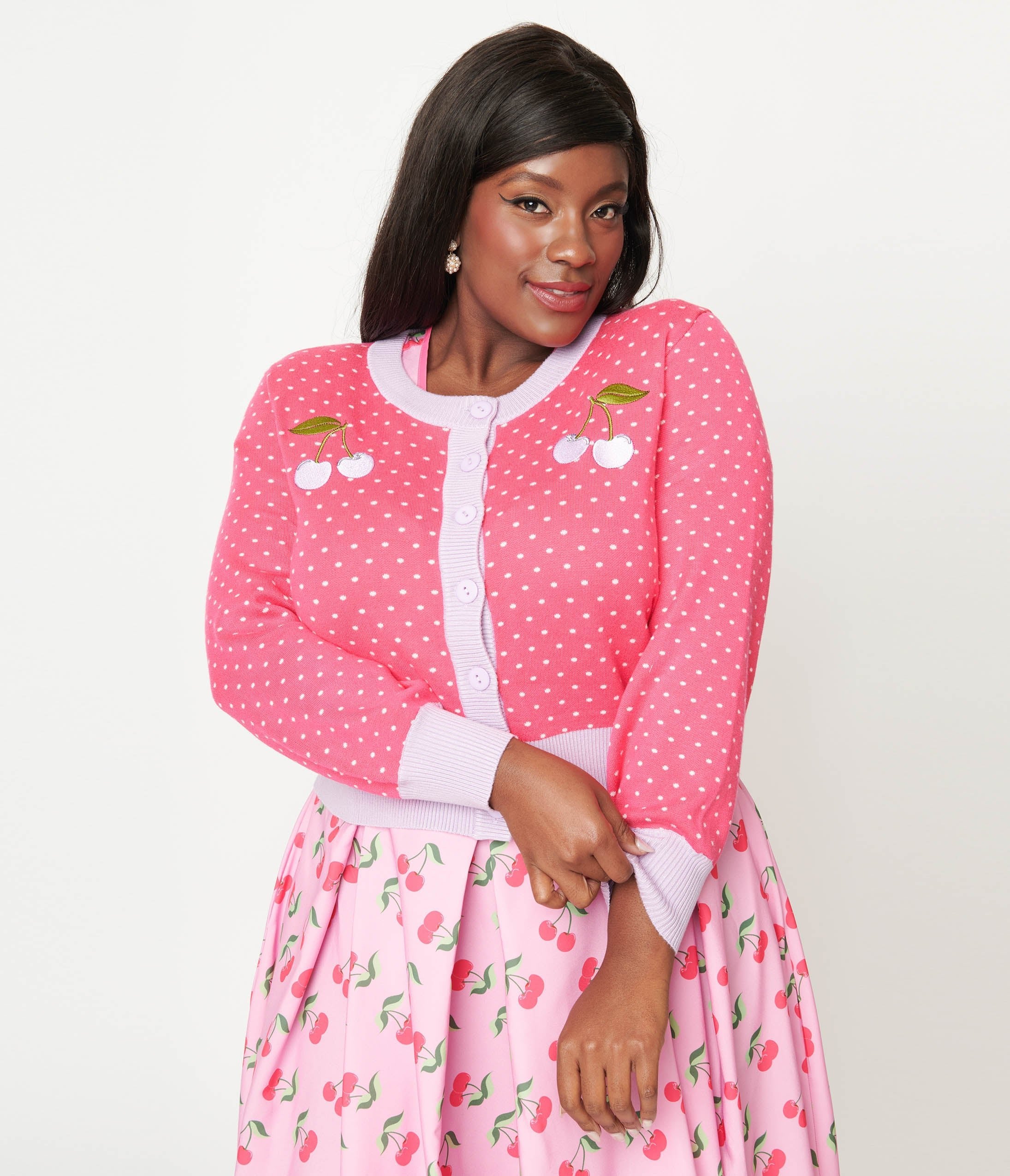 

Unique Vintage Plus Size Hot Pink & Lavender Pin Dot Cherry Cropped Cardigan