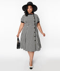 Plus Size Asymmetric Knit Swing-Skirt Dog Houndstooth Print Collared Short Dress
