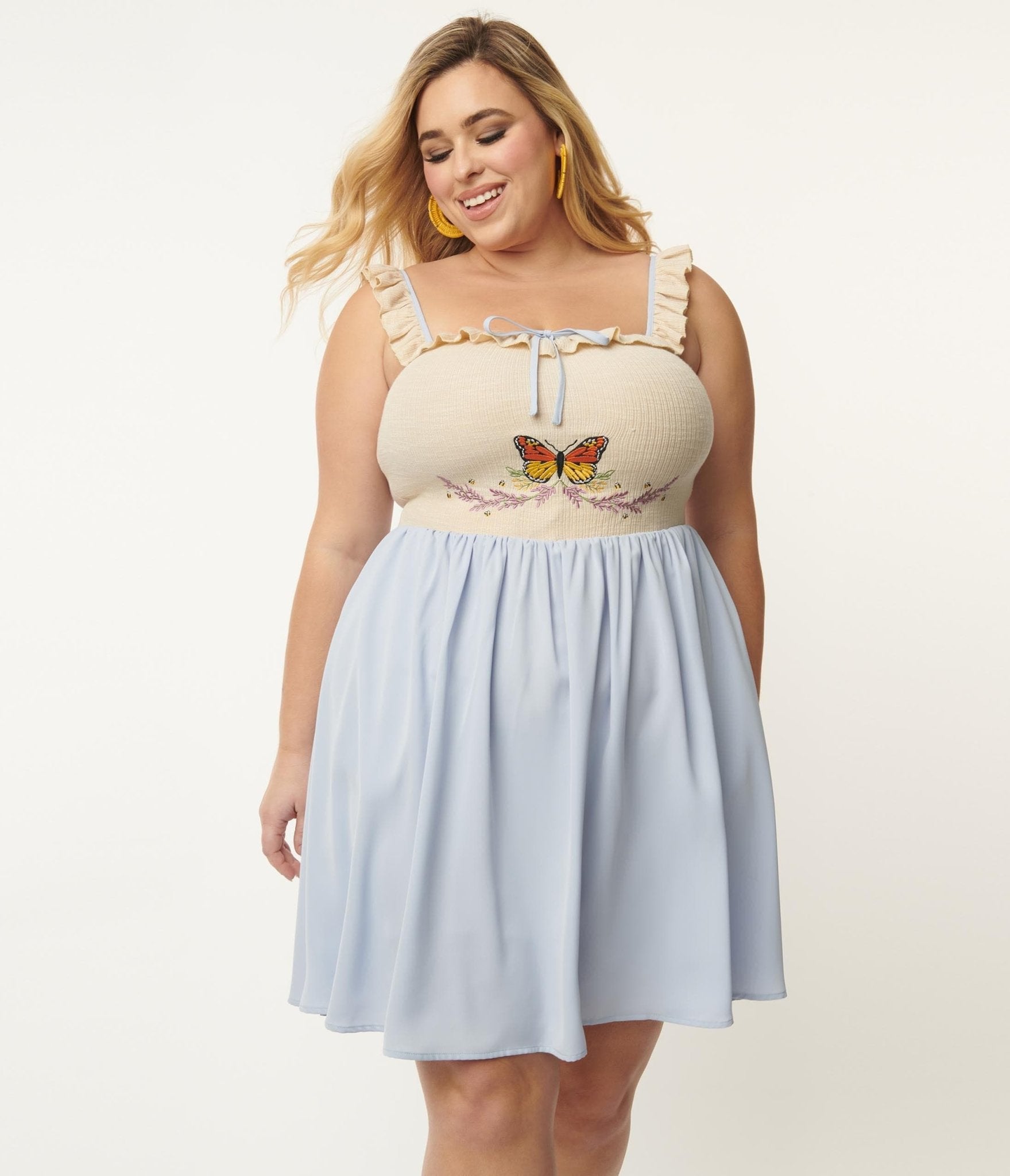 

Unique Vintage Plus Size Ivory Crochet & Light Blue Babydoll Dress