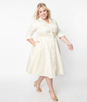 Plus Size Brocade Swing-Skirt Collared Dress