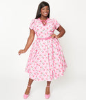 Plus Size Swing-Skirt Crepe Belted Self Tie Keyhole Pocketed General Print Dress