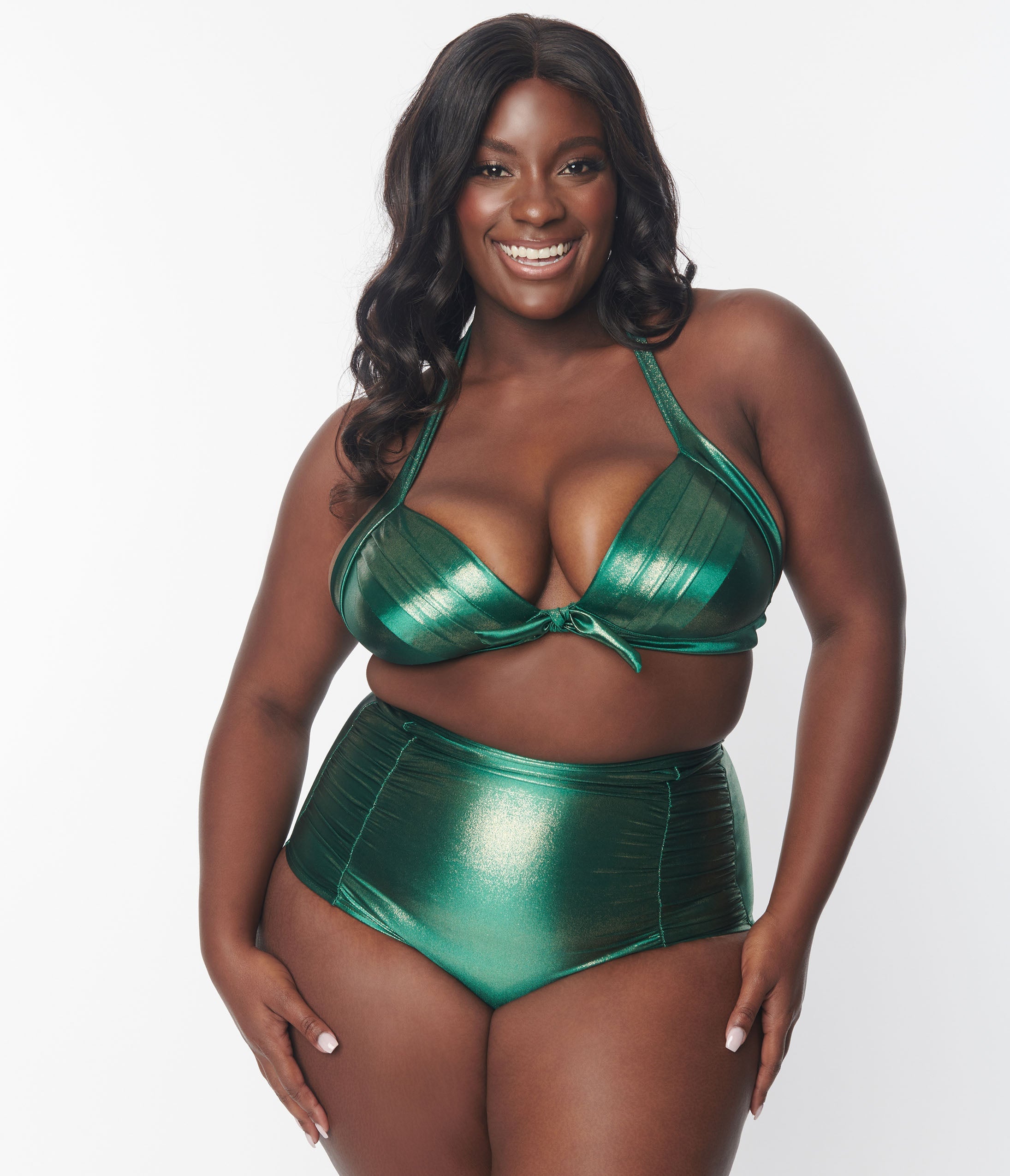 

Unique Vintage Plus Size Metallic Emerald Monroe Halter Swim Top