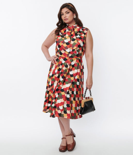 Plus Size General Print Swing-Skirt Self Tie Button Front Collared Knit Dress With a Ribbon