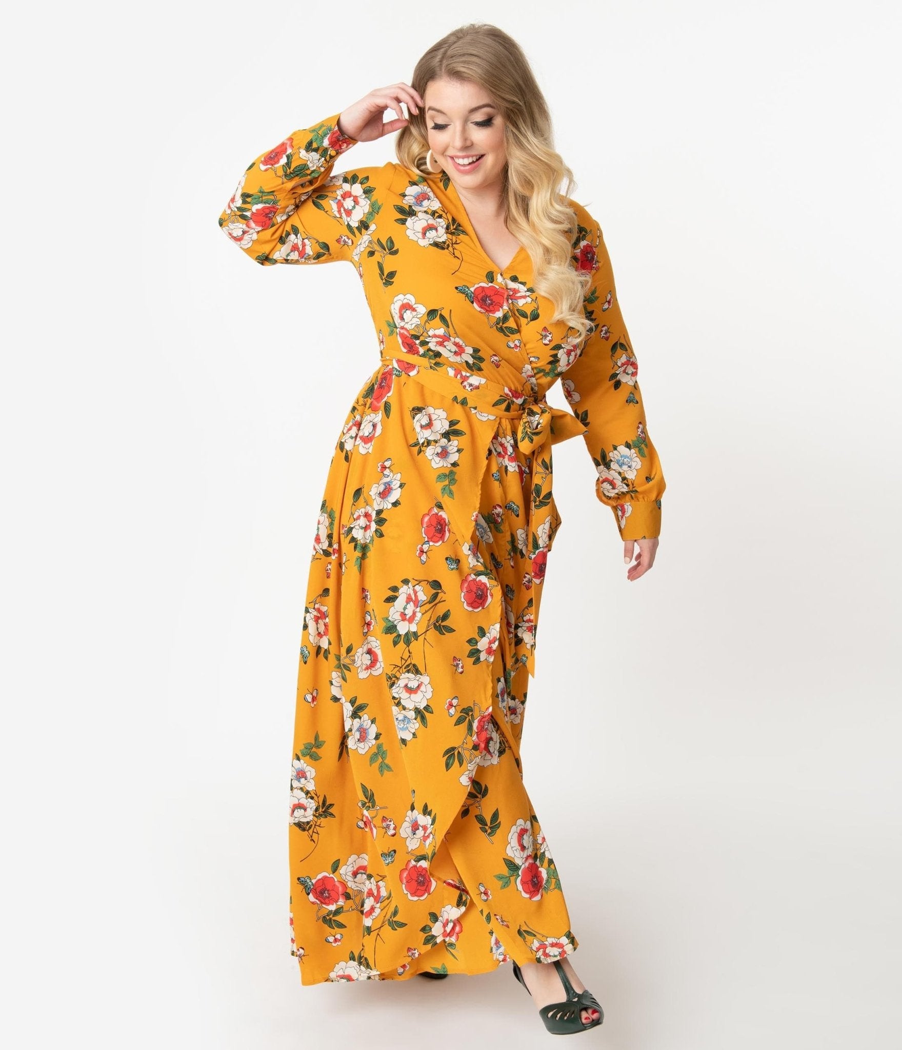 

Unique Vintage Plus Size Mustard & Multicolor Floral Long Sleeve Farrah Maxi Dress