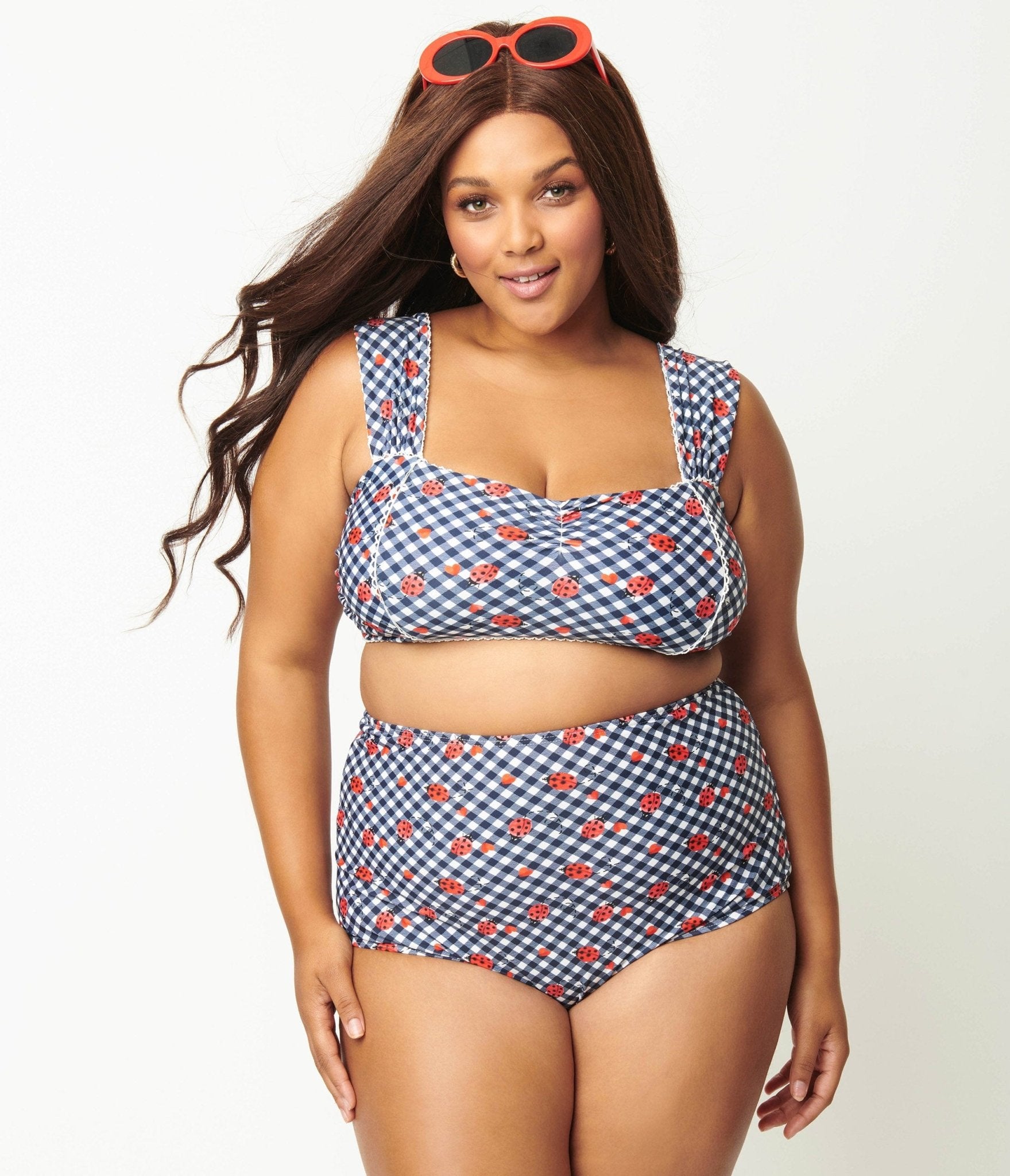 

Unique Vintage Plus Size Navy Gingham & Ladybug Print High Waist Louise Swim Bottom