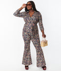 Plus Size Paisley Print Wrap Self Tie Knit Collared Jumpsuit