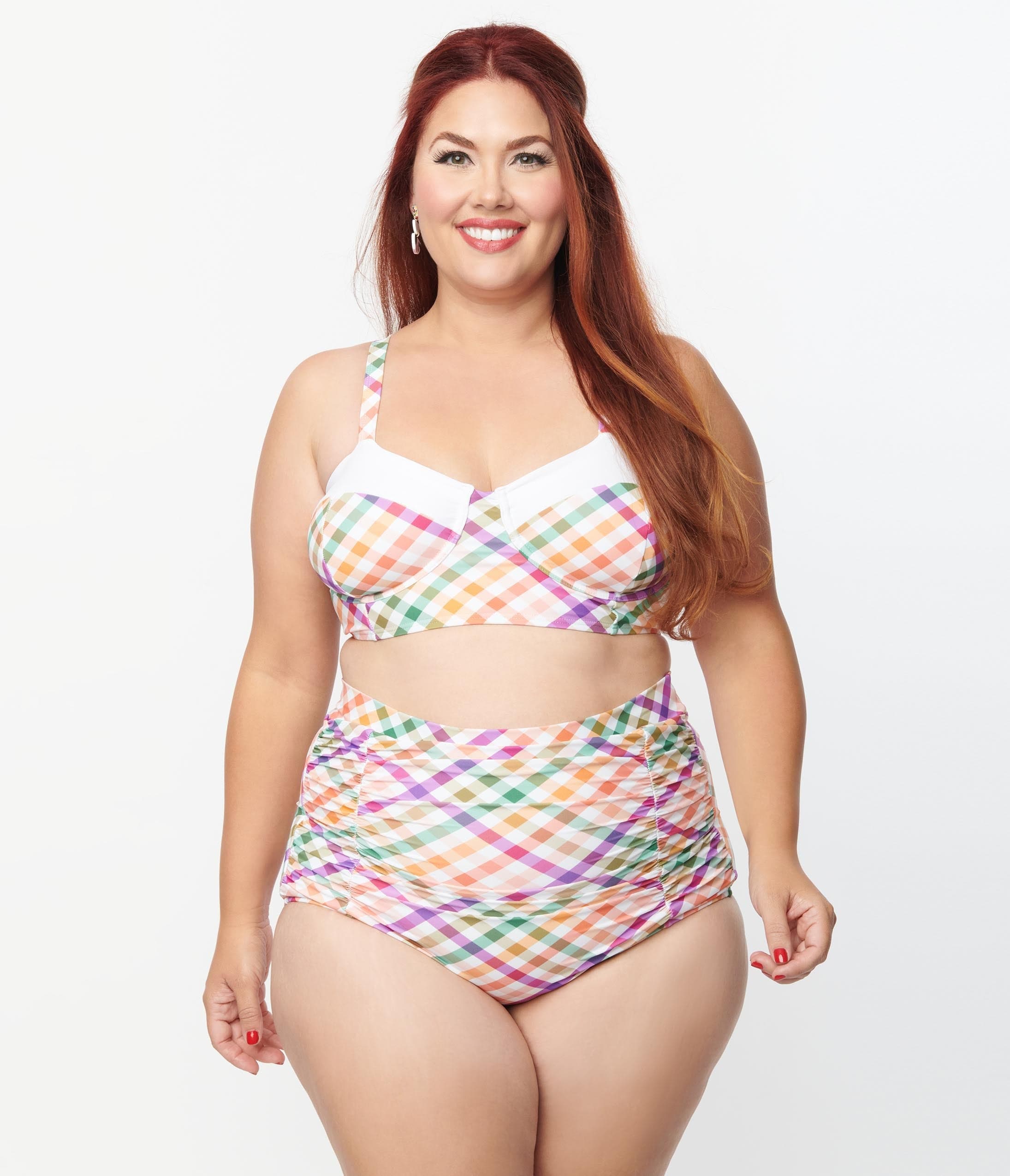 Unique Vintage Plus Size Blue Gingham Buckle Swim Top