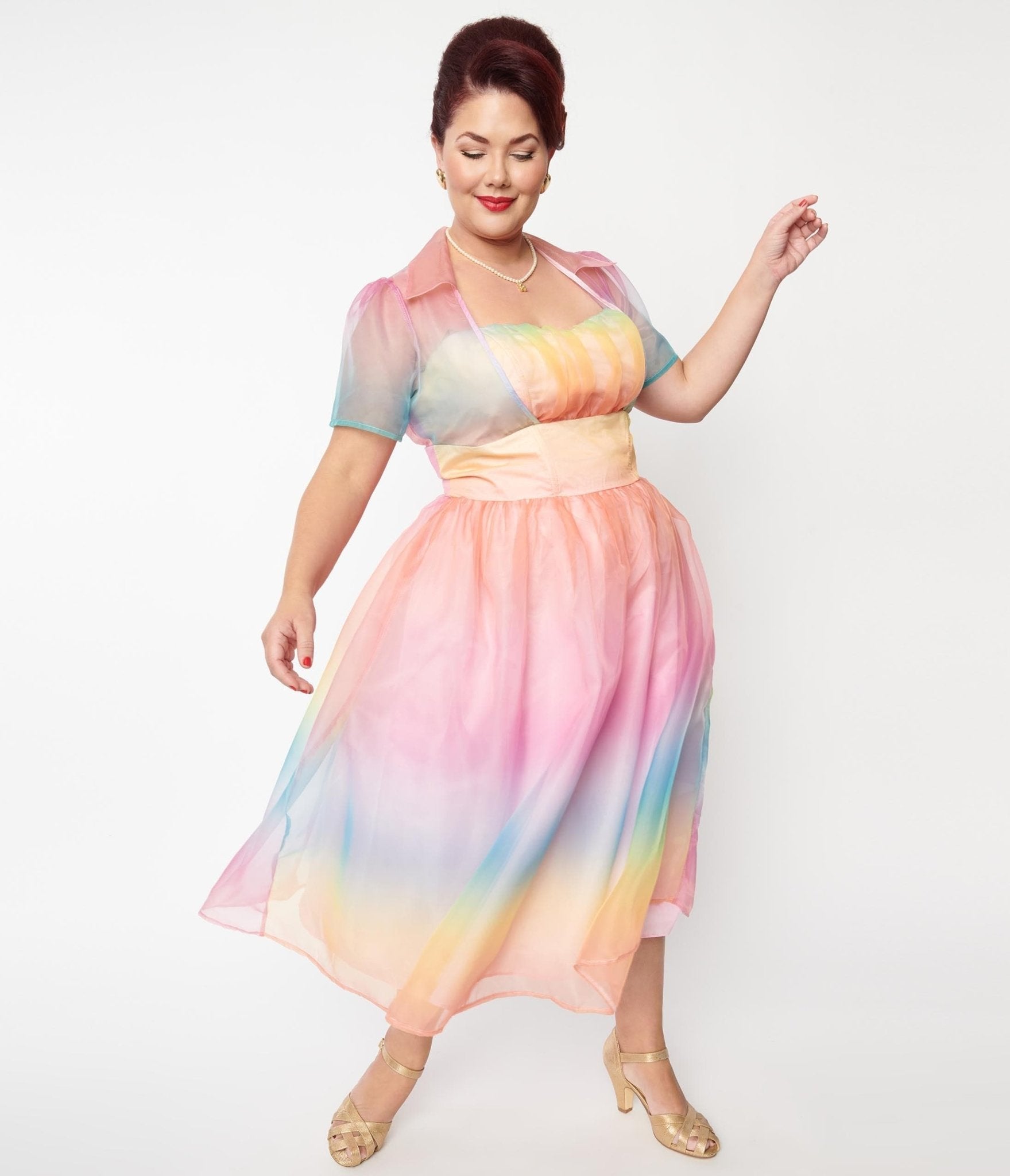 

Unique Vintage Plus Size Pastel Rainbow Ombre Libby Swing Dress