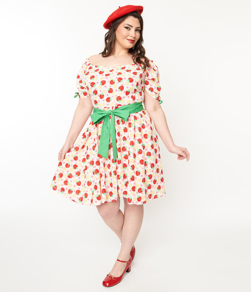 Plus Size Short Puff Sleeves Sleeves Floral Print Elasticized Tie Waist Waistline Fit-and-Flare Ruched Fitted Back Zipper Sweetheart Dress With a Sash