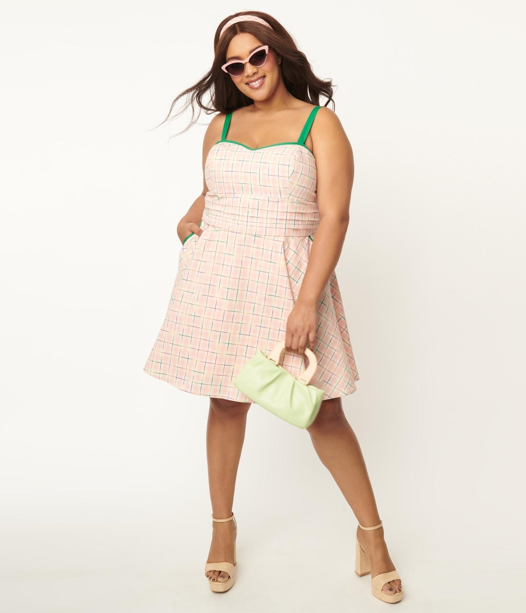 

Unique Vintage Plus Size Pink Plaid & Rainbow Follow Your Heart Fit & Flare Dress