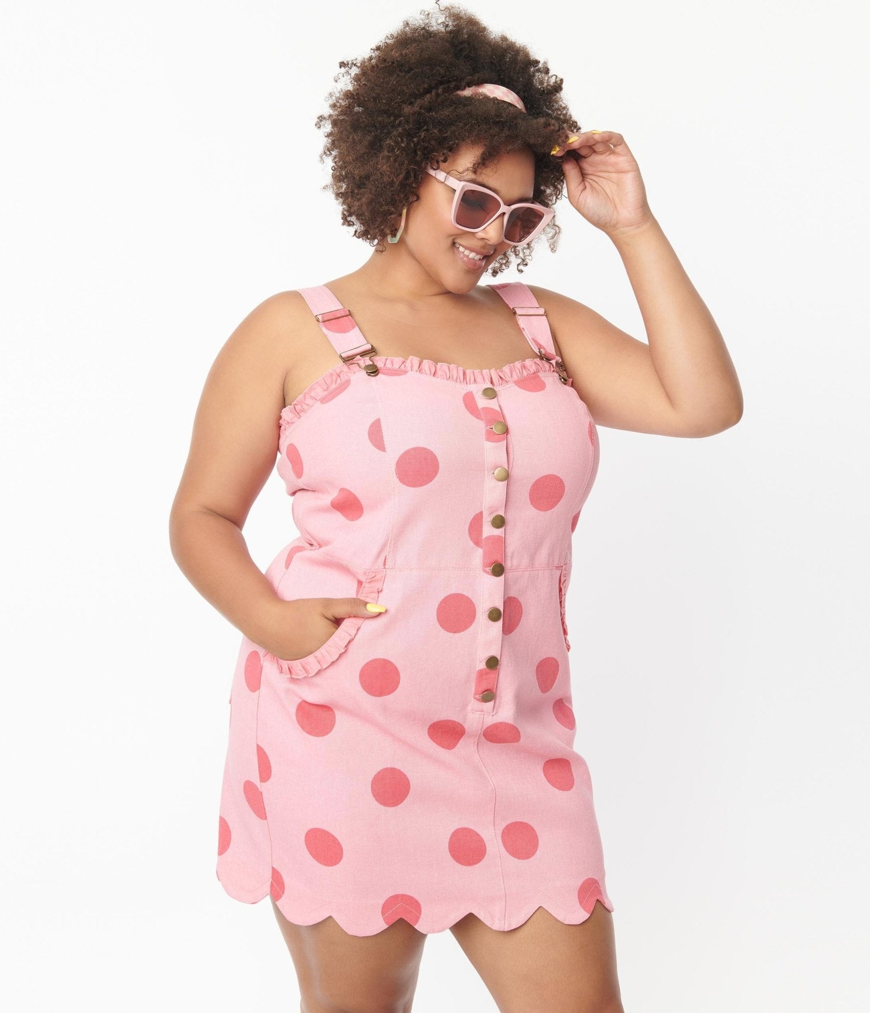 

Unique Vintage Plus Size Pink Polka Dot Pinafore Mini Dress