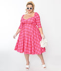 Plus Size 3/4 Sleeves Back Zipper Fitted Pleated Sweetheart Plaid Print Swing-Skirt Dress