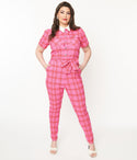 Plus Size Front Zipper Fitted Plaid Print Jumpsuit With a Sash