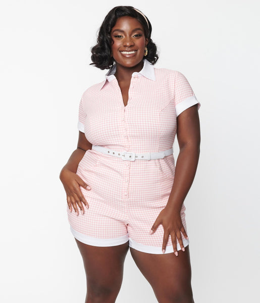 Plus Size Checkered Gingham Print Fitted Button Front Belted Romper