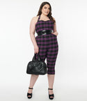 Plus Size Fitted Back Zipper Self Tie Halter Plaid Print Jumpsuit