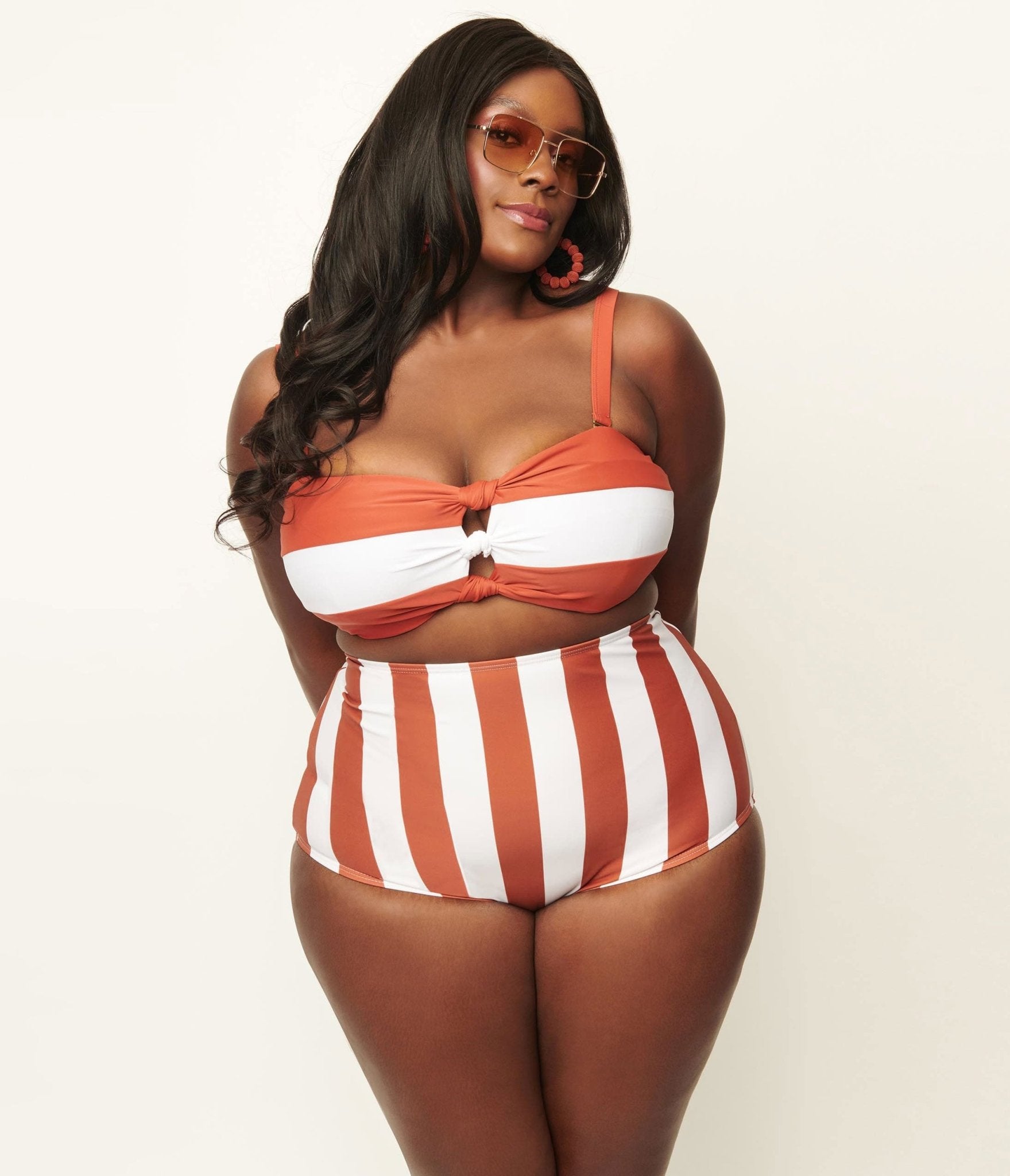 

Unique Vintage Plus Size Rust & White Stripe Knot So Fast Swim Top