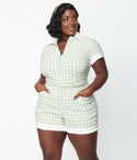 Plus Size Checkered Gingham Print Button Front Fitted Belted Romper