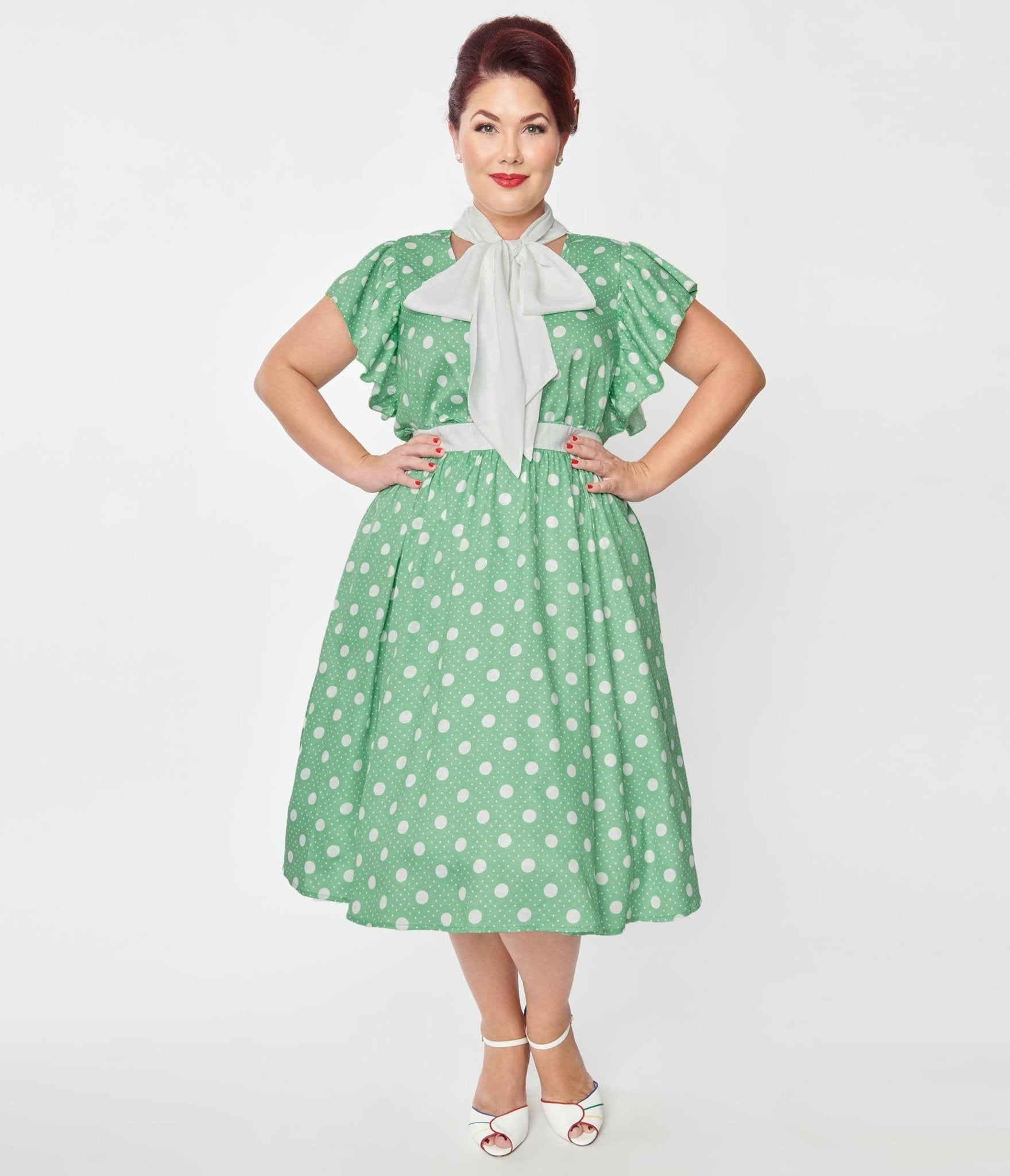 

Unique Vintage Plus Size Sage & White Polka Dot Flutter Swing Dress