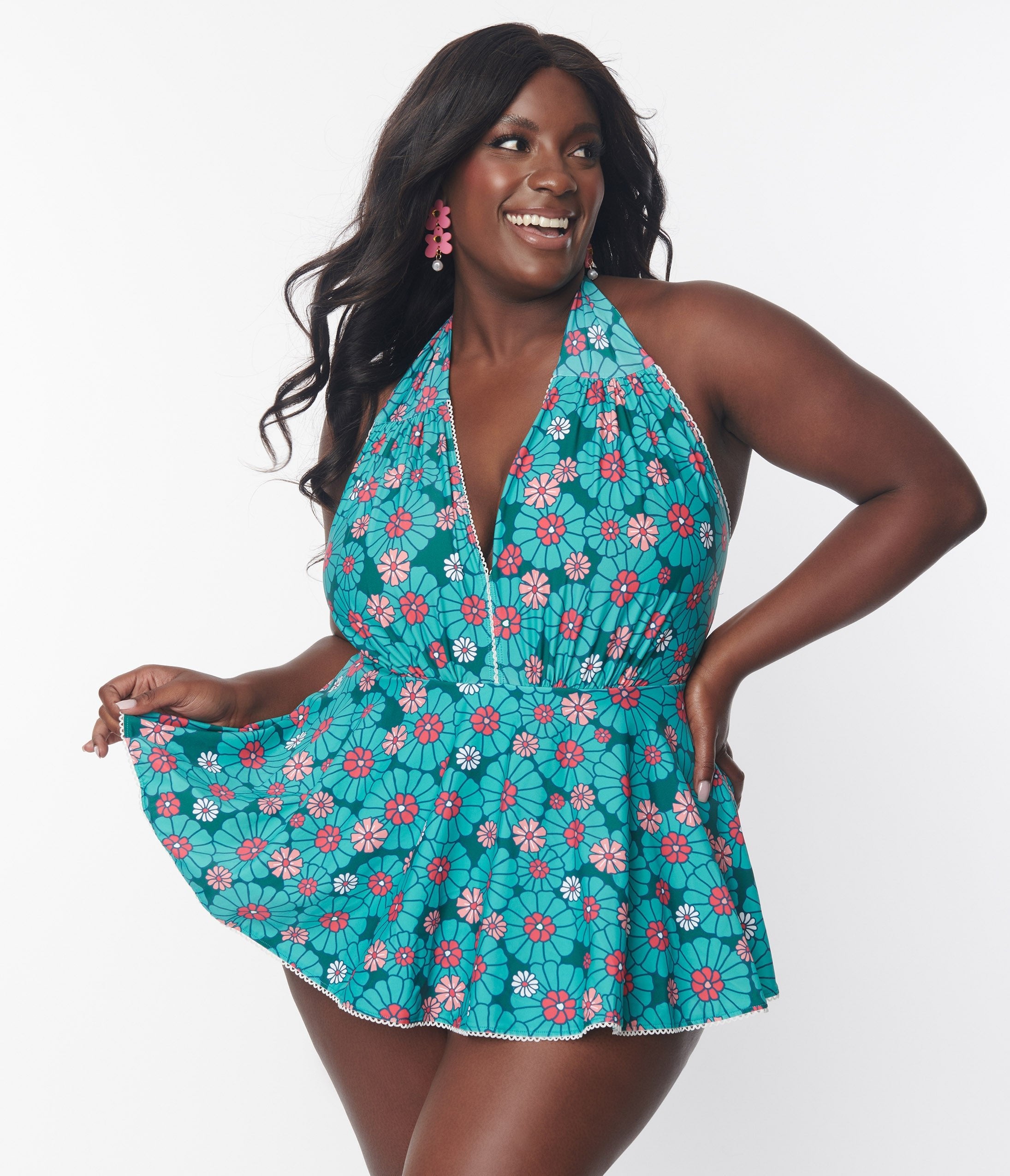 

Unique Vintage Plus Size Teal Flower Child Skirted Wendy Swimsuit