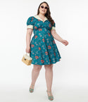 Plus Size Floral Print Pocketed Vintage Fitted Back Zipper Swing-Skirt Dress