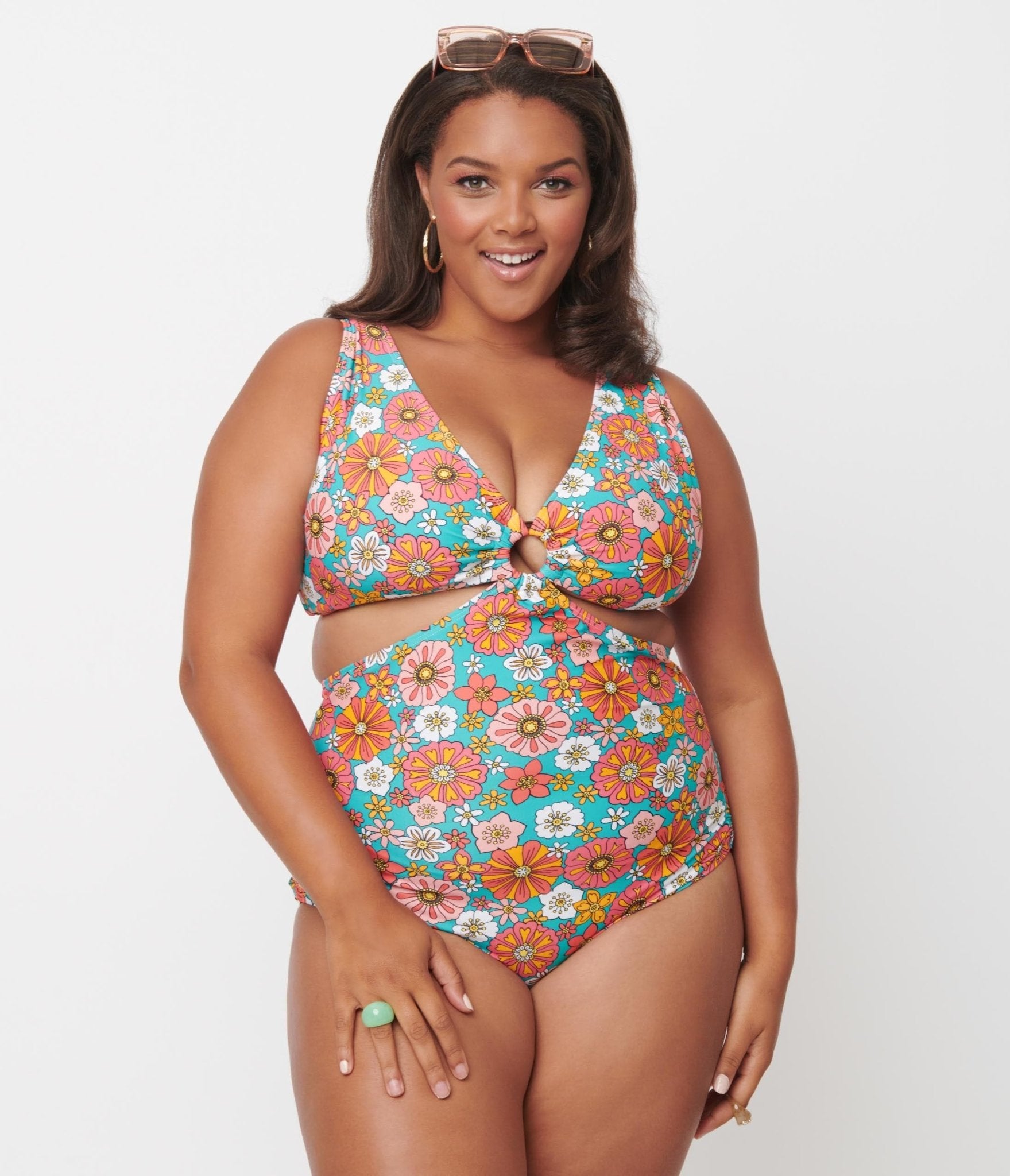 

Unique Vintage Plus Size Turquoise & Pink Floral Fresh Cut One Piece Swimsuit