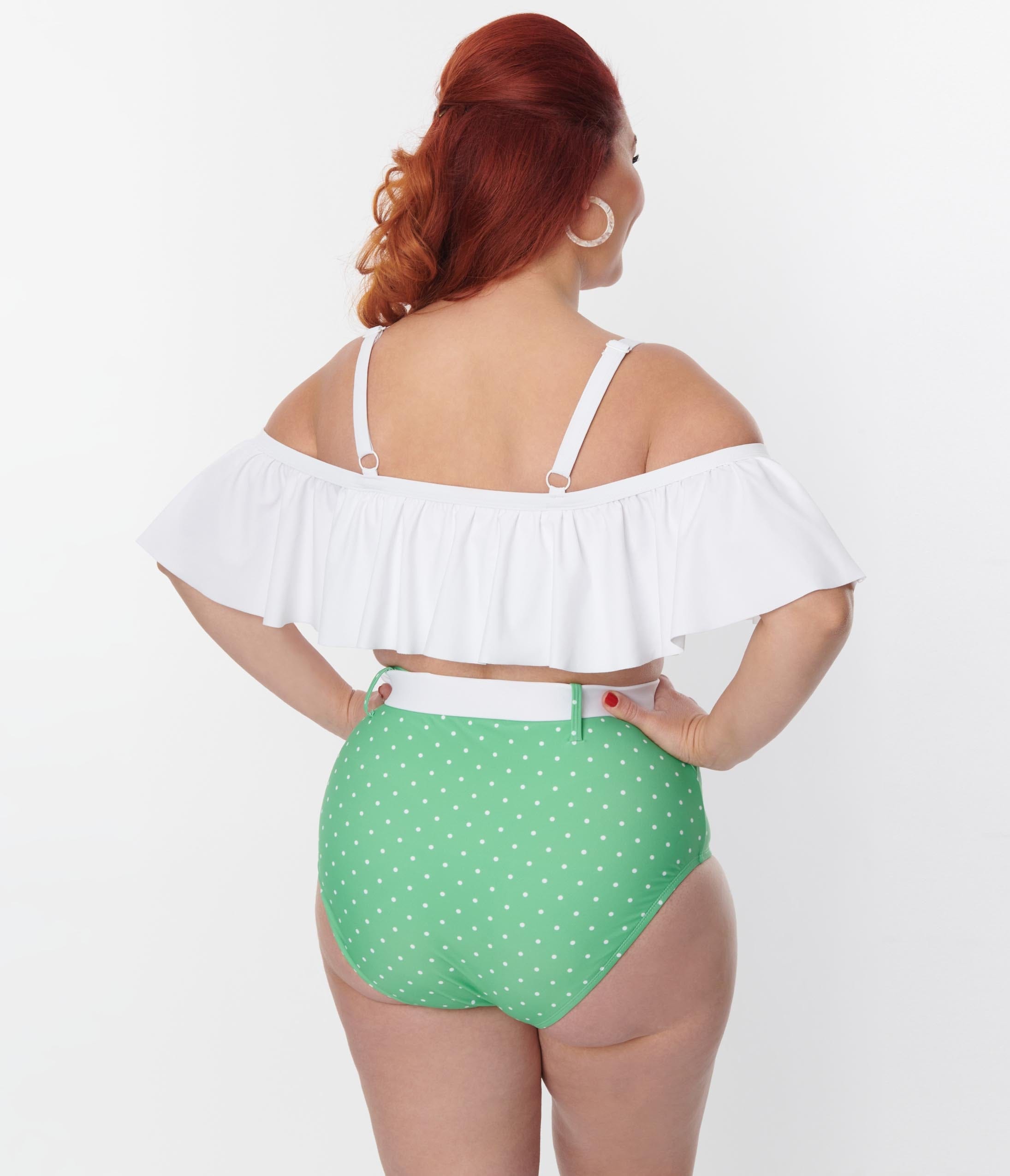 Unique Vintage Plus Size Black & White Polka Dot Ruched Swim Bottom