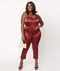 Plus Size Halter Satin Fitted Self Tie Back Zipper Pocketed Jumpsuit