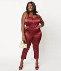 Plus Size Halter Fitted Pocketed Self Tie Back Zipper Satin Jumpsuit