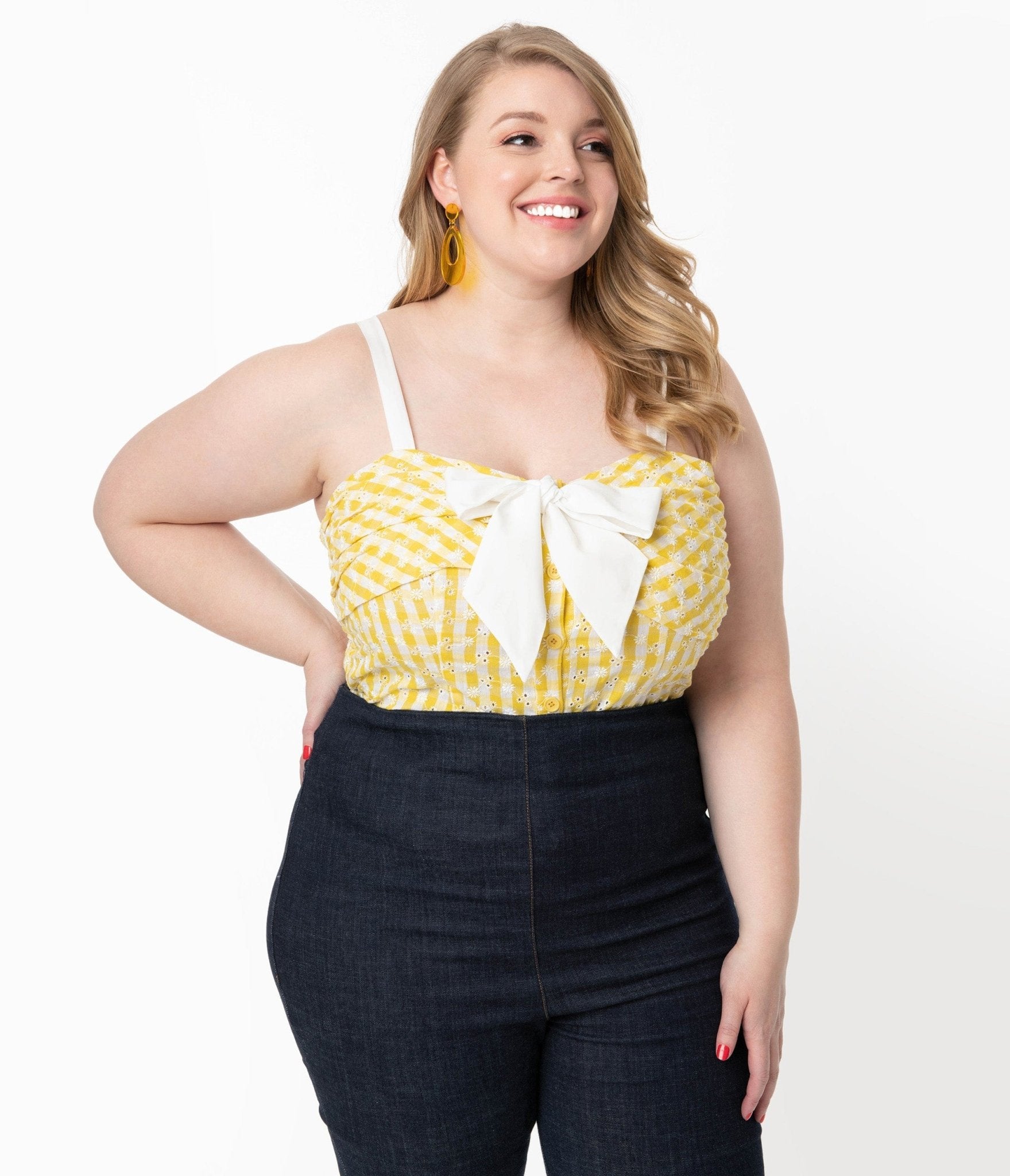 

Unique Vintage Plus Size Yellow Gingham & White Eyelet Dubois Top