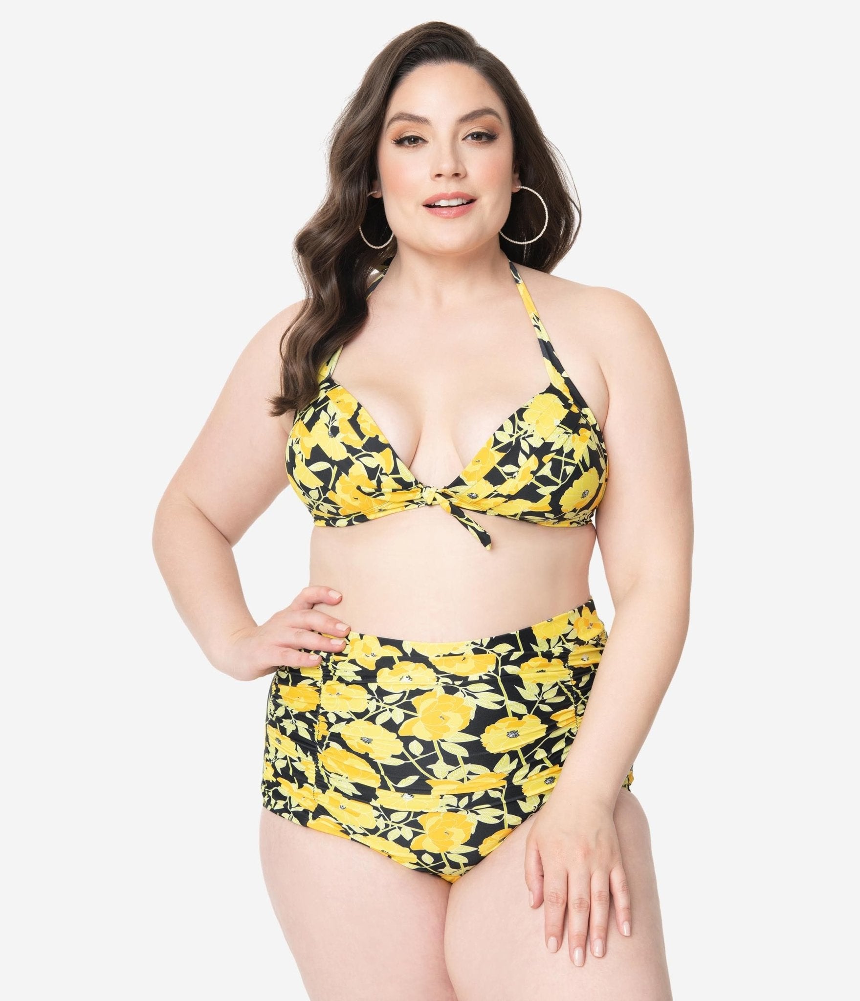 

Unique Vintage Plus Size Yellow Poppy Floral Print Monroe High Waist Swim Bottom