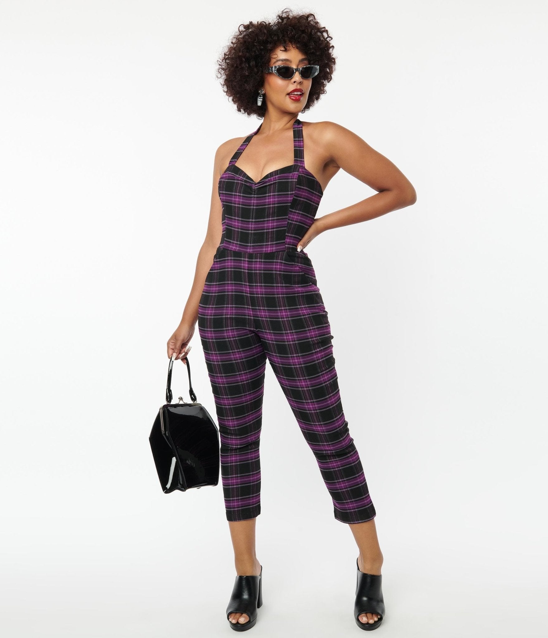 

Unique Vintage 1970S Purple & Black Plaid Marcel Jumpsuit