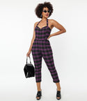 Fitted Self Tie Back Zipper Halter Plaid Print Jumpsuit