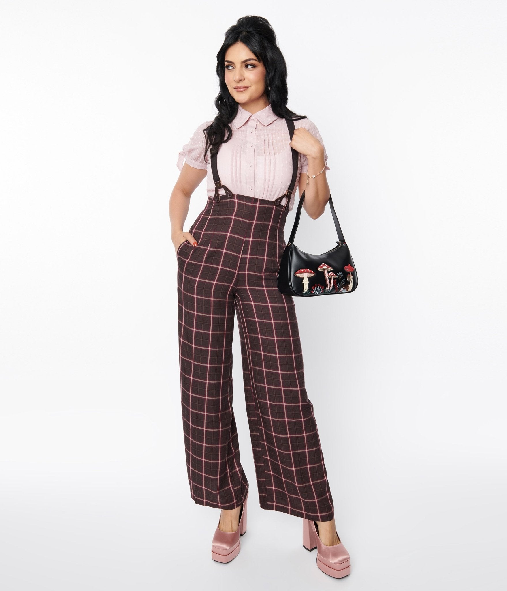 

Unique Vintage Purple & Mauve Plaid High Waist Suspender Pants