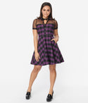 Plaid Print Fitted Mesh Back Zipper Button Front Pocketed Self Tie Keyhole Dress