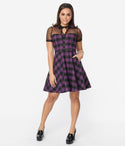 Mesh Pocketed Self Tie Button Front Fitted Back Zipper Keyhole Plaid Print Dress