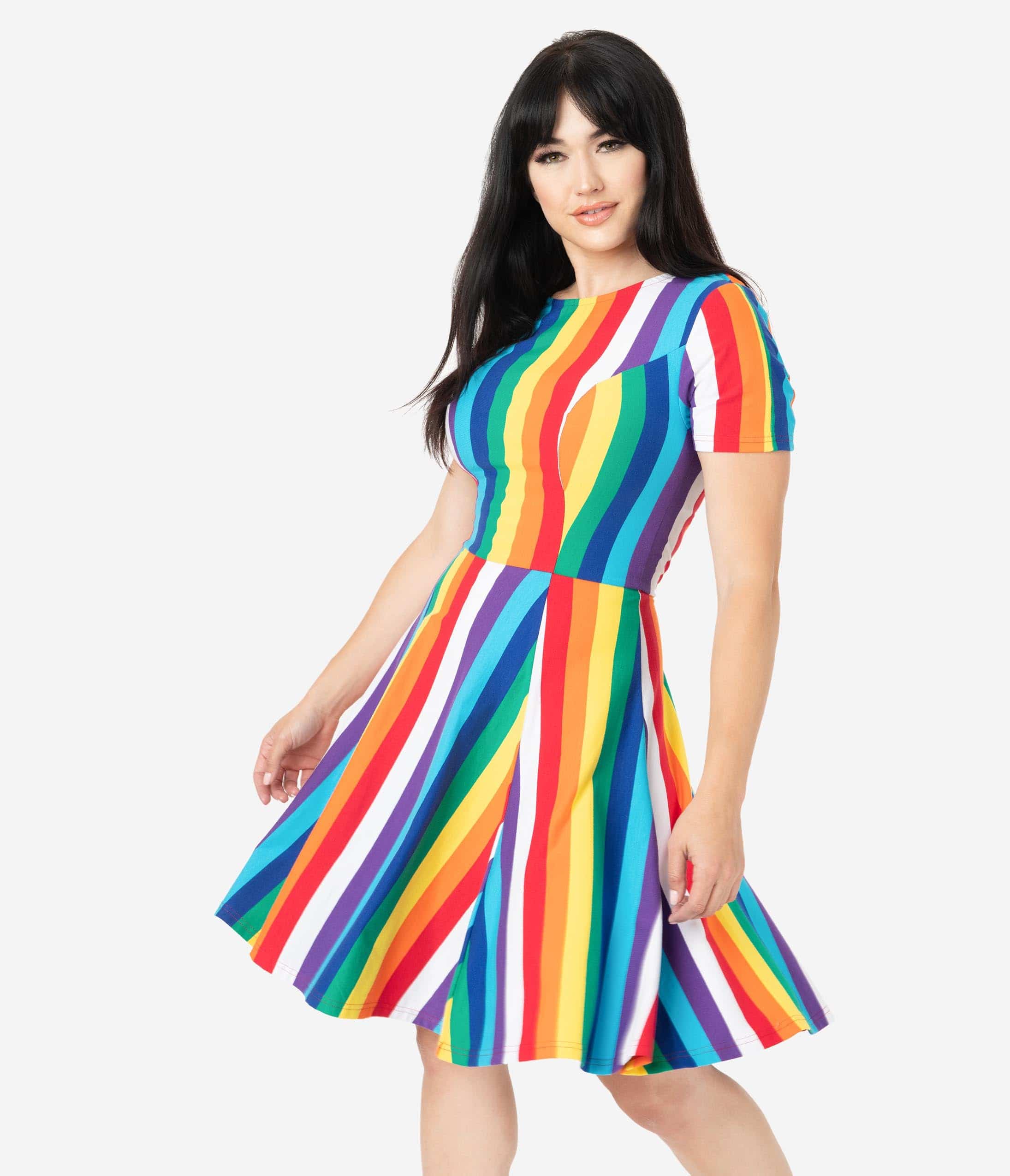 

Unique Vintage Rainbow Stripe Margot Fit & Flare Dress