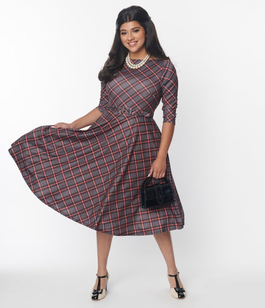 Knit Belted Elasticized Waistline Swing-Skirt Plaid Print Dress
