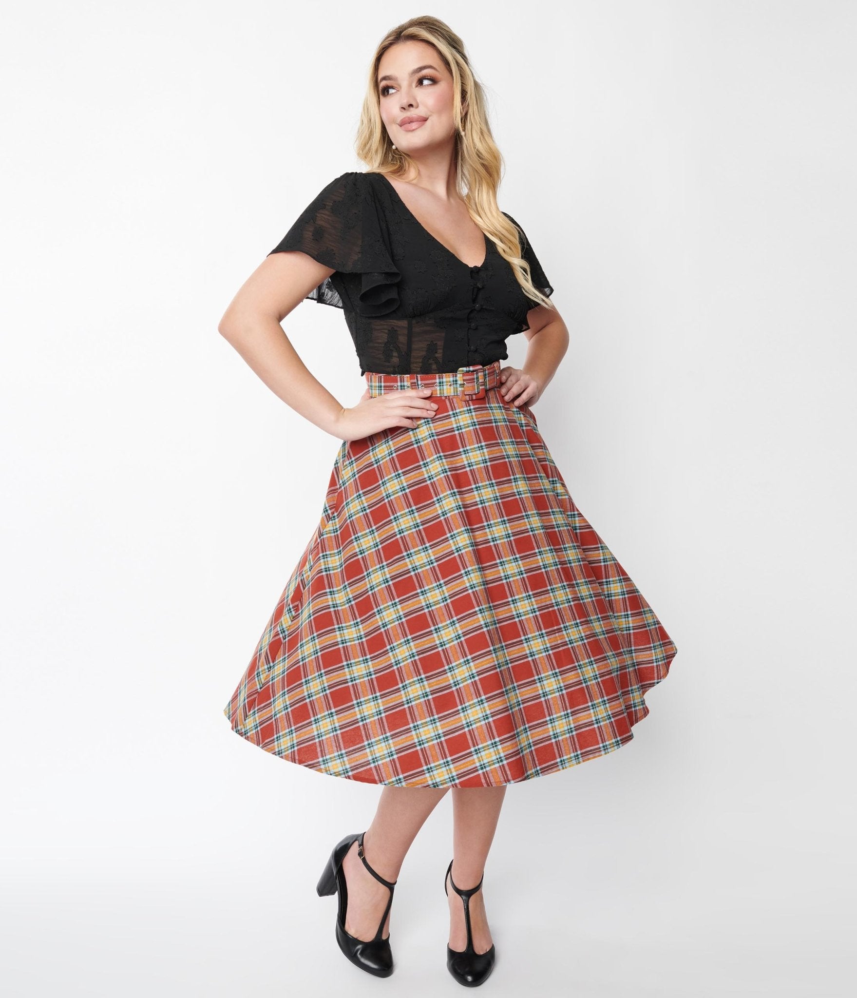 

Unique Vintage Red Plaid High Waist Vivien Swing Skirt