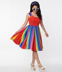 Striped Print Swing-Skirt Square Neck Dress