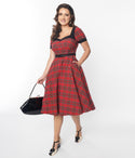 Swing-Skirt Plaid Print Short Sleeves Sleeves Belted Back Zipper Elasticized Waistline Sweetheart Dress