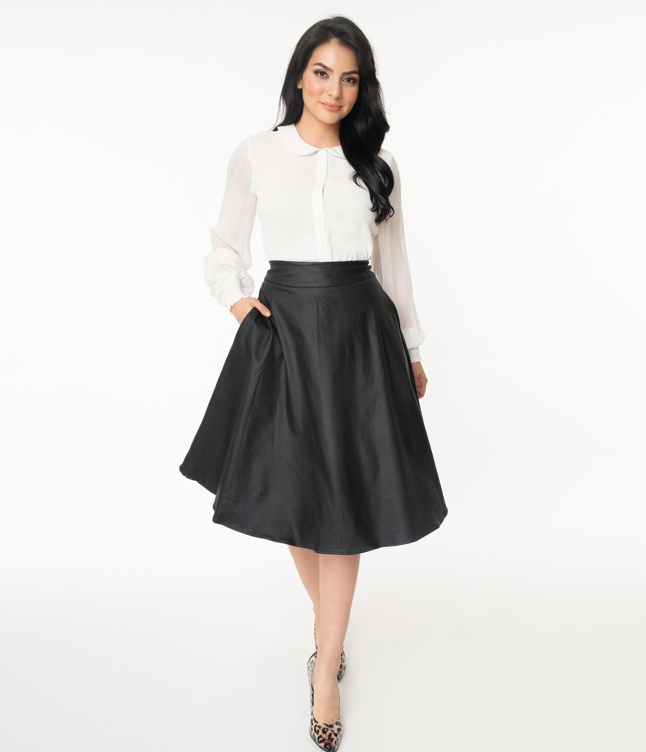 

Unique Vintage Retro Black Vegan Leather Vivien Swing Skirt