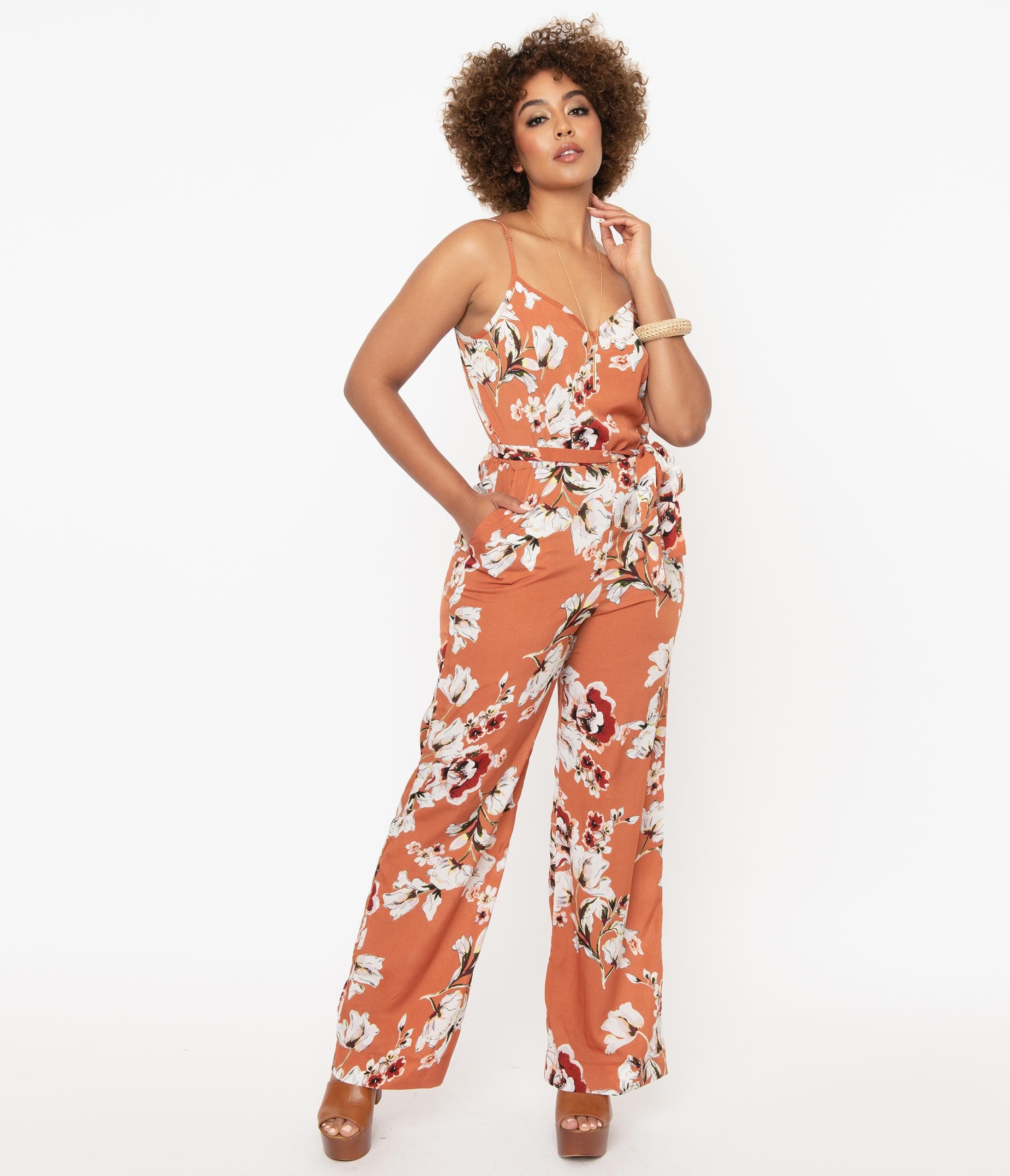 

Unique Vintage Rust Orange & Taupe Floral Print Raleigh Jumpsuit