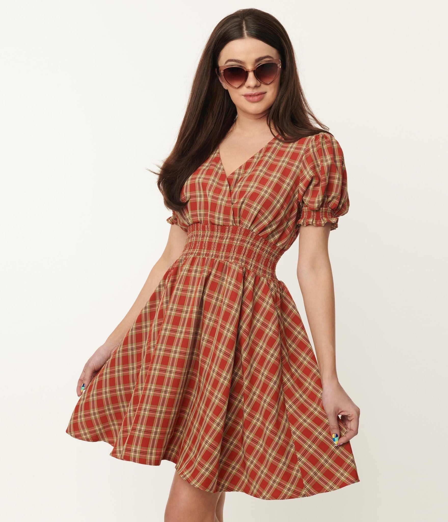 

Unique Vintage Rust Red & Green Plaid Smocked Flare Dress