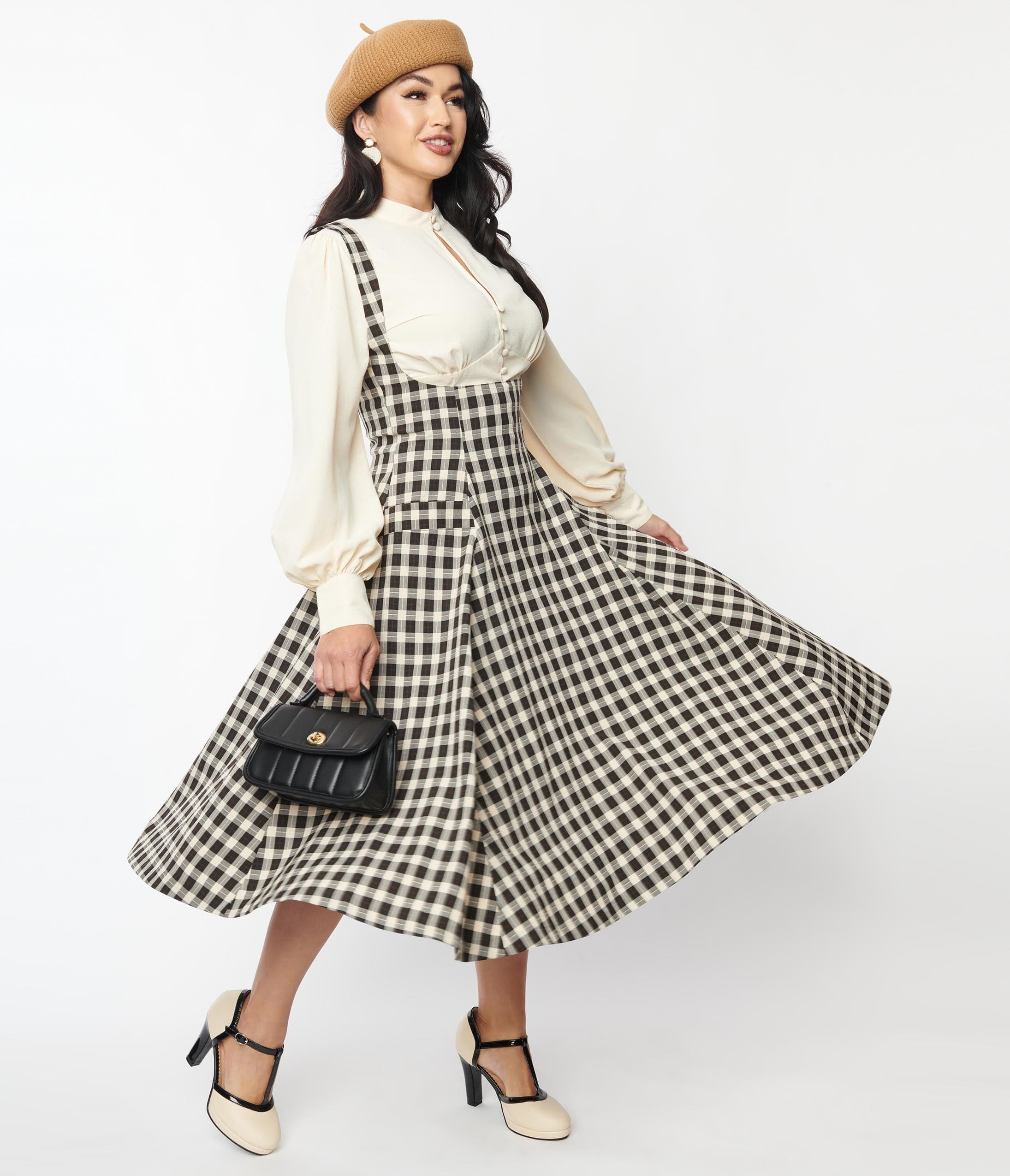 

Unique Vintage Tan & Black Plaid Suspender Amma Swing Skirt