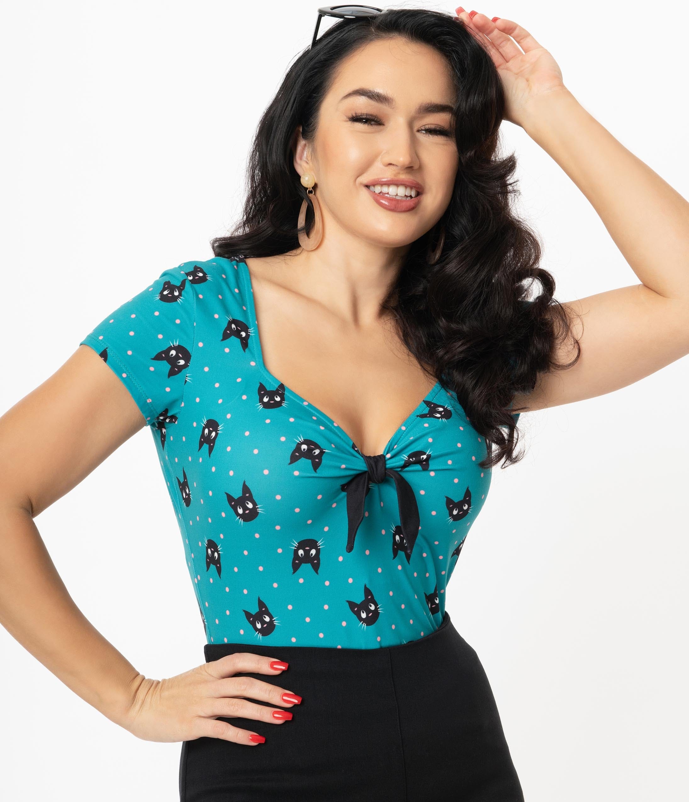 

Unique Vintage Teal & Black Cat Print Sweetheart Rosemary Top