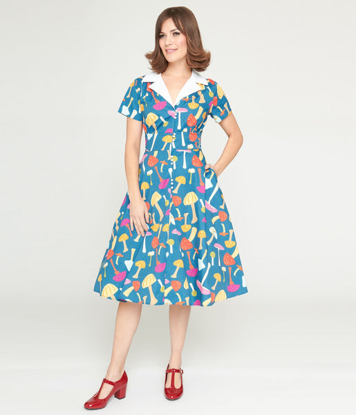 Pocketed General Print Short Sleeves Sleeves Crepe Swing-Skirt Dress