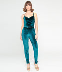 Sophisticated Velvet Elasticized Waistline Spaghetti Strap Belted Vintage Back Zipper Jumpsuit