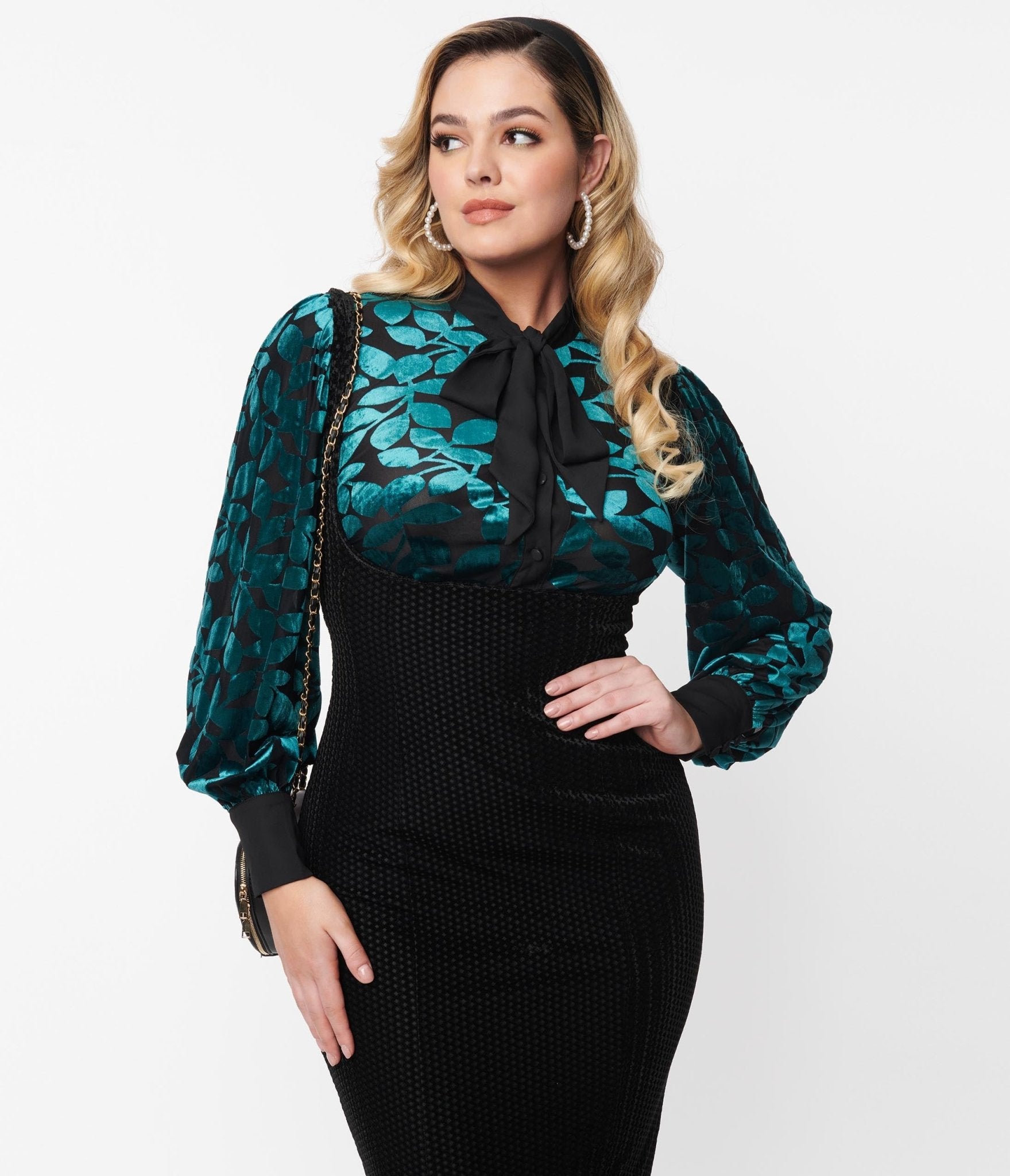 

Unique Vintage Teal Velvet Leaves Burnout Gwen Blouse